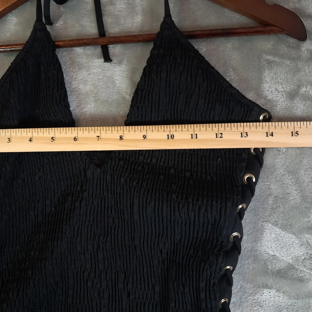 Victoria Secret Ensenada Smocked One Piece Swimsuit Medium M Black Lace Up 34777